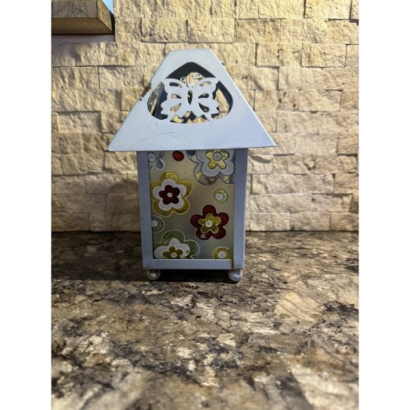 Butterfly Porch or Table Lantern Tea Candle Blue Metal & Floral Stain Glass - Picture 3 of 7